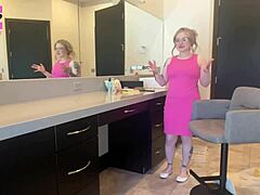 blonde bimbo sister gets blackmailed into squirting solo masturbation in dress and bra fantasy