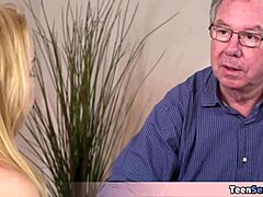 Old teacher gets a free pussy today because Rebecca needs better grades in petite blonde teen blowjob encounter