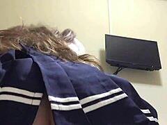 Hey, check this Russian brunette masturbating with dildo in pussy, sucking fingers reverse cowgirl close-up in short skirt 😏