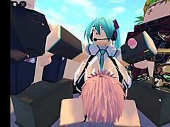 Roblox character Miku appears in a group setting.