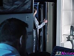 Beauty jerks huge dick for cumshot in erotic hardcore scene.