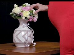 pregnant wife in red dress and stockings cheats with huge cock creampie while husband watches. rough hardcore action contrasts her saggy tits bouncing wildly.