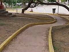 Beruka is so horny, heading to the park with her sex toy plugged into her huge pussy