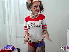 lady medusa acts as the nasty harley quinn flashing outdoors and moaning while riding big cock in rough public sex. this european blonde gets deepthroat doggystyle and cumshot in missionary.