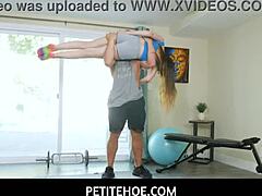 Petite 18+ pornstar Lily Glee gives deepthroat blowjob to her fitness instructor's huge cock in intriguing session