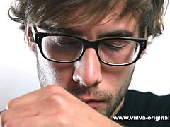 horny blonde girl teases with wet panties over her vulva