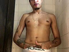 Thick cock novice jerks off in shower
