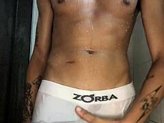 Thick cock novice jerks off in shower