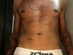 Thick cock novice jerks off in shower