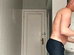 hey check this sexy guy in black beach shorts shaving in the bathroom 🪒🏖️ looks so hot right?