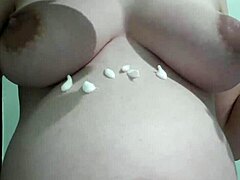 pregnant cream and massage for blonde wife in lingerie