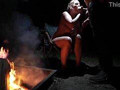 naked curvy beauty in forest sucking cock wildly!