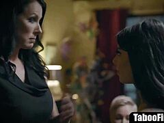 Lesbian stepmom fucks her stepdaughter with fingering and pussy licking in front of milf bffs.