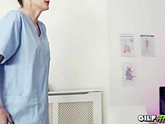 Gilf nurse takes a creampie in the hospital office while handling her mature patient duties.