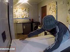 What if we get caught fucking like this in the kitchen, you ebony college roommates?