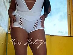 naughty gym wife flashes big pussy cameltoe shorts to friend outdoors!