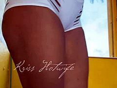 naughty gym wife flashes big pussy cameltoe shorts to friend outdoors!