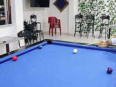 Latina brunette teen fucked hard by stepbrother on pool table during lesson