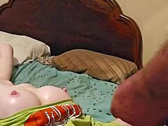 Amateur slut licks sucks tits foreplay then takes cum in narrow ass mouth