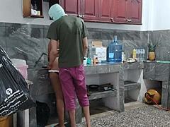 busty maid masturbates in kitchen prepping dinner