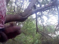 guy blasts thick cumshot deep in forest trees outdoors