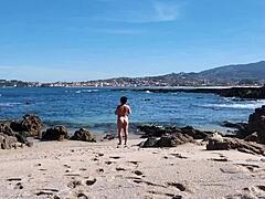 curvy european nudist shows off hairy pussy big ass and natural tits on beach