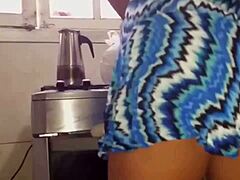 brunette latina milf sucks monster cock before kitchen creampie chores