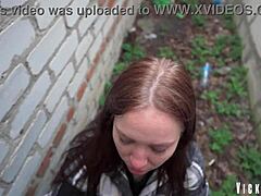 Quick risky blowjob behind garages fills mouth forces swallow