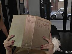 Clamped slut gets anal banged hard in public while bound