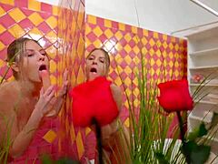 Blonde babe fucks tight pussy with huge anal dildo in bathroom 💦🛁😩