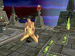 3D Tattooed Girl Rubs Pussy On Temple Stone