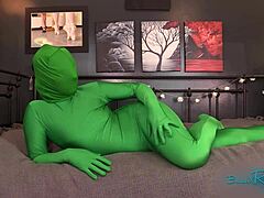 Hooded Green Zentai Milf Housewife in Full Body Spandex Fetish