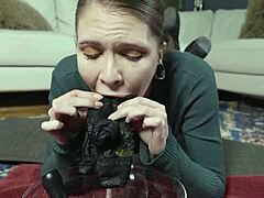 blond slave gags on piss socks then ass dildos puking