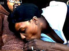 ebony milf in bear suit swallows big black cock in car