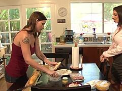 lesbian brunette face-sits girlfriend's pretty shaved pussy!