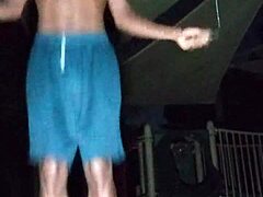 athletic brunette works out in dorm before roommate fucks her