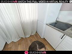 frida sucks dick hard then bends for kitchen doggystyle pounding