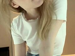 skinny blonde babe films first-time fingering for boyfriend in bedroom