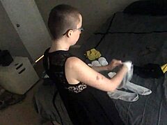 Hey bald girl folds laundry naked ignoring your voyeur stare!