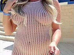 blonde slut flashes big tits thru see-thru dress outdoors no panties