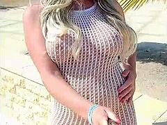 blonde slut flashes big tits thru see-thru dress outdoors no panties