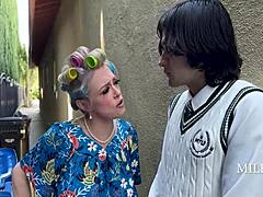 curvy asian milf grabs young guy's hard cock at the gym