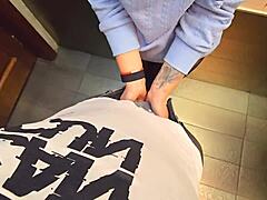 stranger CUMSHOT fills my pantyhose in restaurant toilet