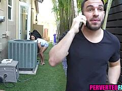 Tanned Step Auntie Tempts with Big Tits and Cock in Sunny Backyard