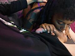 Dark teen slut spits on big cock for sloppy deepthroat fuck