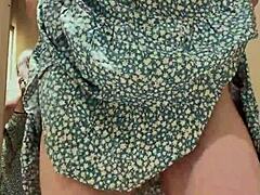 Cute skinny girl caught trying plump tits dress in homemade tease