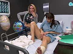 Whoa! Horny milf on hospital bed jerks stranger to tit cumshot!