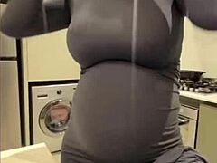 stepmom milks her big natural tits while licking nipples