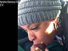 that ebony snowboarder babe sucking cock in the car outdoors