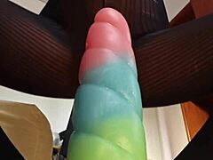 i ride bad dragon dildo close up my hairy pussy